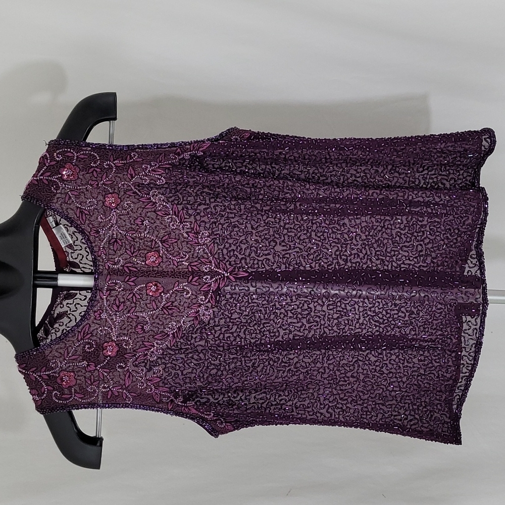 Emma Black Purple Sheer Beaded Tank SZ L